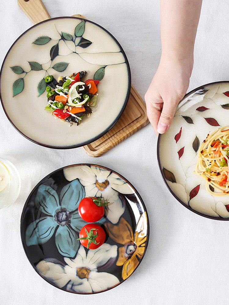 Japanese creative plate Hand-painted deep plate Household creative ceramic plate plate Personality dining room flat plate Steak plate