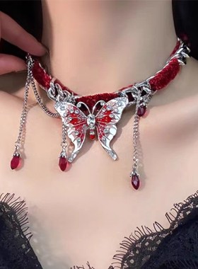 红丝绒蝴蝶流苏项链女甜酷辣妹气质时尚夸张小众轻奢设计感锁骨链