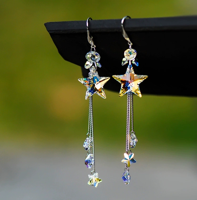 遥远星空S925银针饰品人造水晶耳环长款星星流苏耳坠气质时尚耳饰