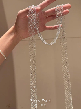 韩系清冷感银色蕾丝网纱流苏项链