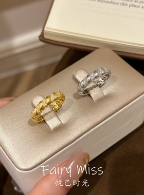 意大利中古风拉丝碎钻窄版条戒指