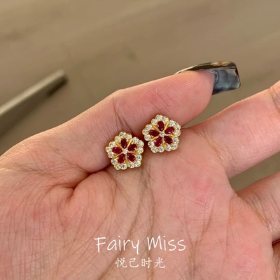 星光牡丹花卉耳钉鸽血红绝美花卉