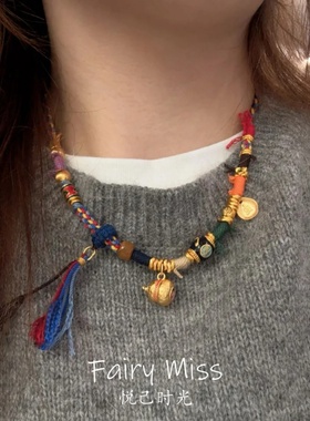 手作原创五彩编绳藏式毛衣项链女