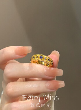 复古鎏金拉丝镶彩宝轻奢气质指环