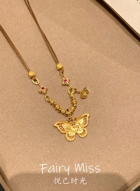 古法沙金小福蝶长款吊坠毛衣链女