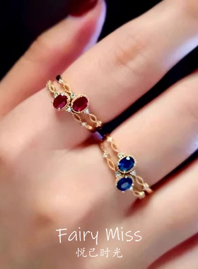 S925纯银培育鸽血红蓝宝石戒食指
