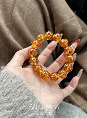 复古新中式金琥珀通透圆珠手串女