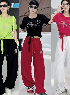 2026夏季新款广场舞运动套装女网红同款烫钻短袖工装裤曳舞服饰