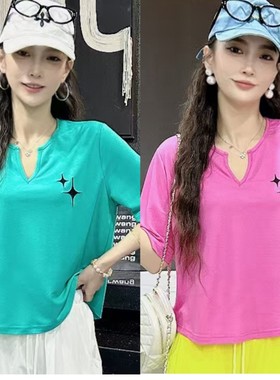 2025夏季新款冰感休闲宽松广场舞短袖T恤曳步舞V领百搭时尚上衣女