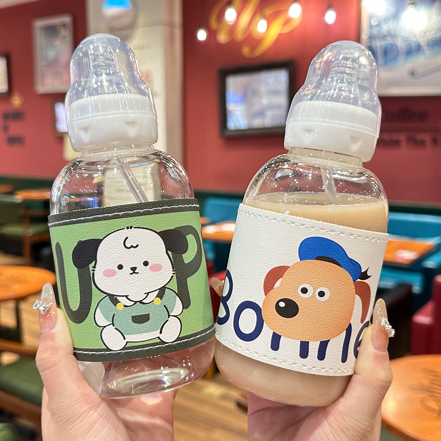 玻璃杯奶瓶成人奶嘴可爱创意高硼硅耐热吸管杯子带杯套重力球水杯