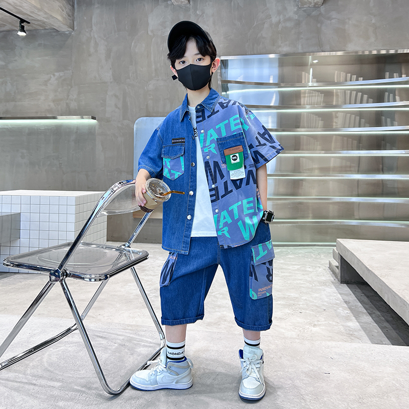 男童夏装套装夏款牛仔衬衫2025新款洋气儿童夏季短袖帅气男孩衣服