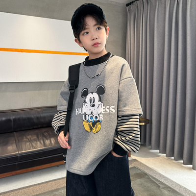 男童假两件加绒卫衣秋冬款2025新款儿童冬季一体绒打底衫加厚好看