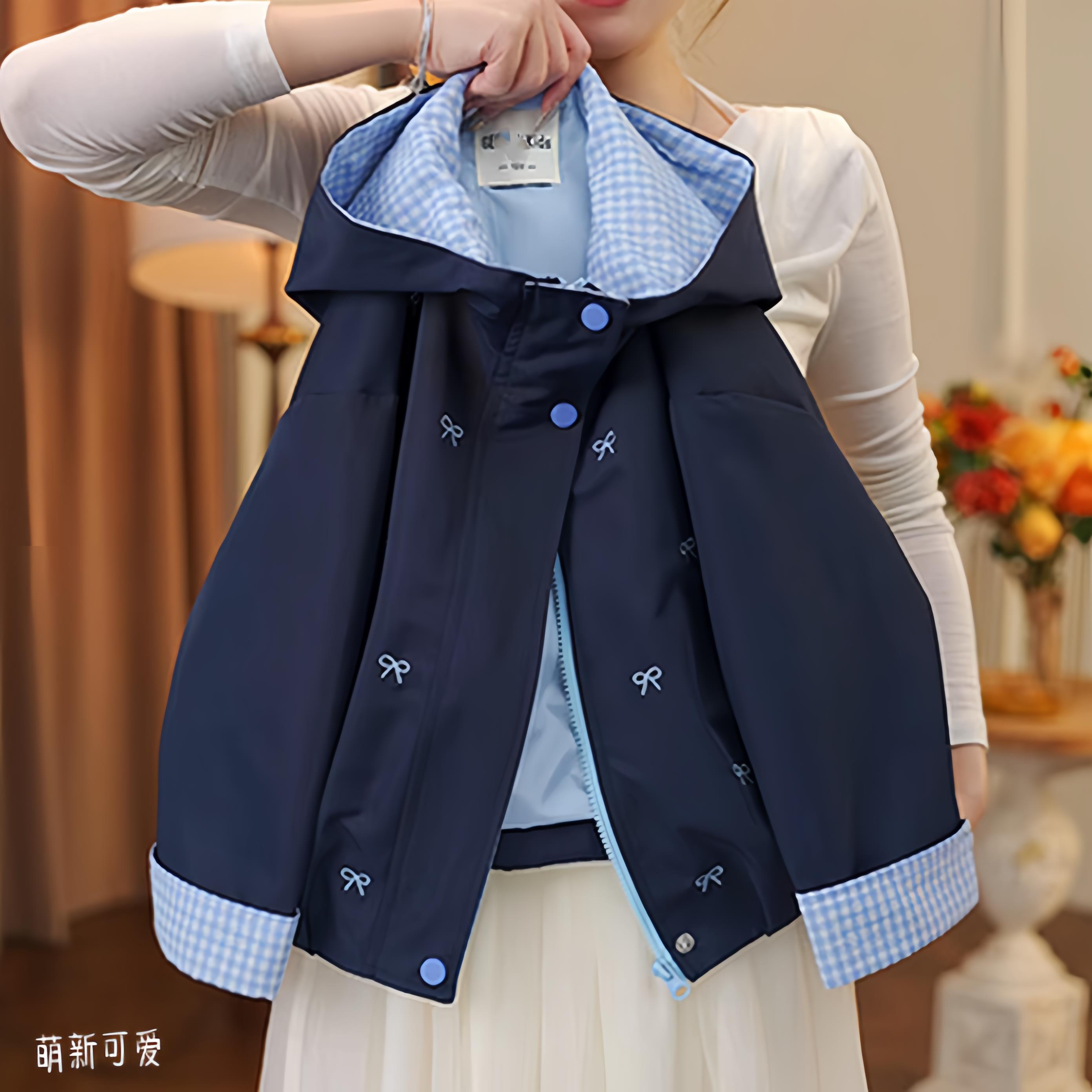 女童软壳冲锋衣春秋2025新款蝴蝶结格子拼接防风外套百搭拉链衫潮
