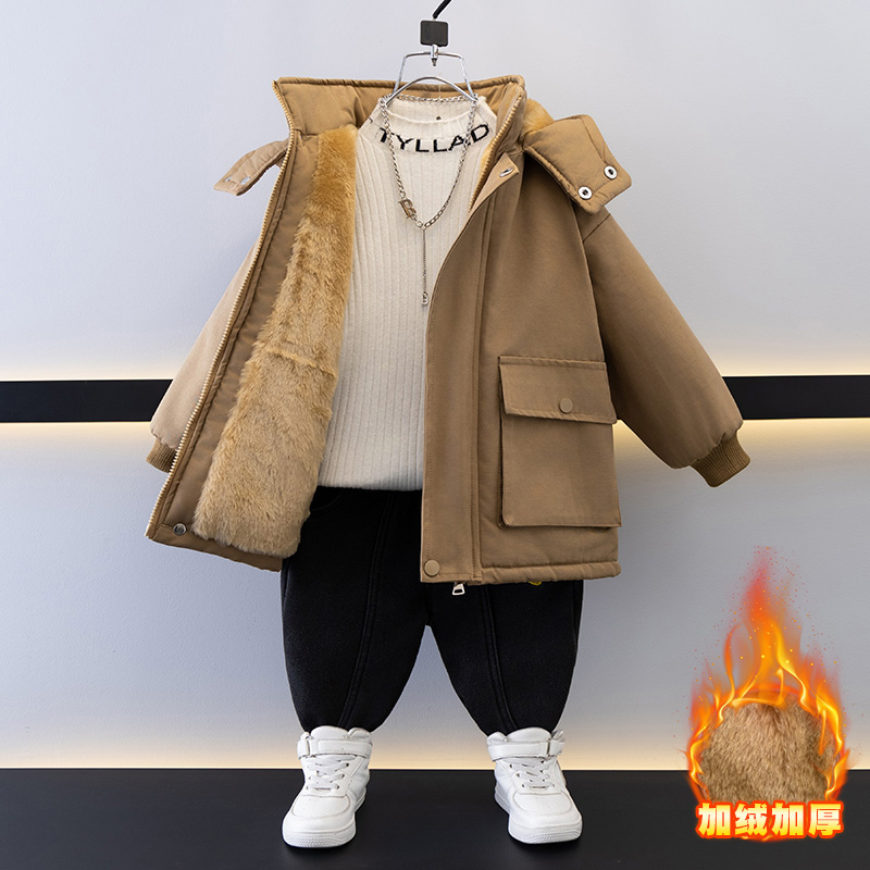 男童中长款加绒外套2025秋冬新款儿童韩版工装棉衣男孩冬款派克服