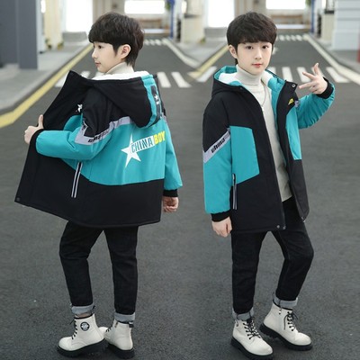 男童加绒外套秋冬款派克服2025新款大童洋气男孩冬季加厚棉衣棉服