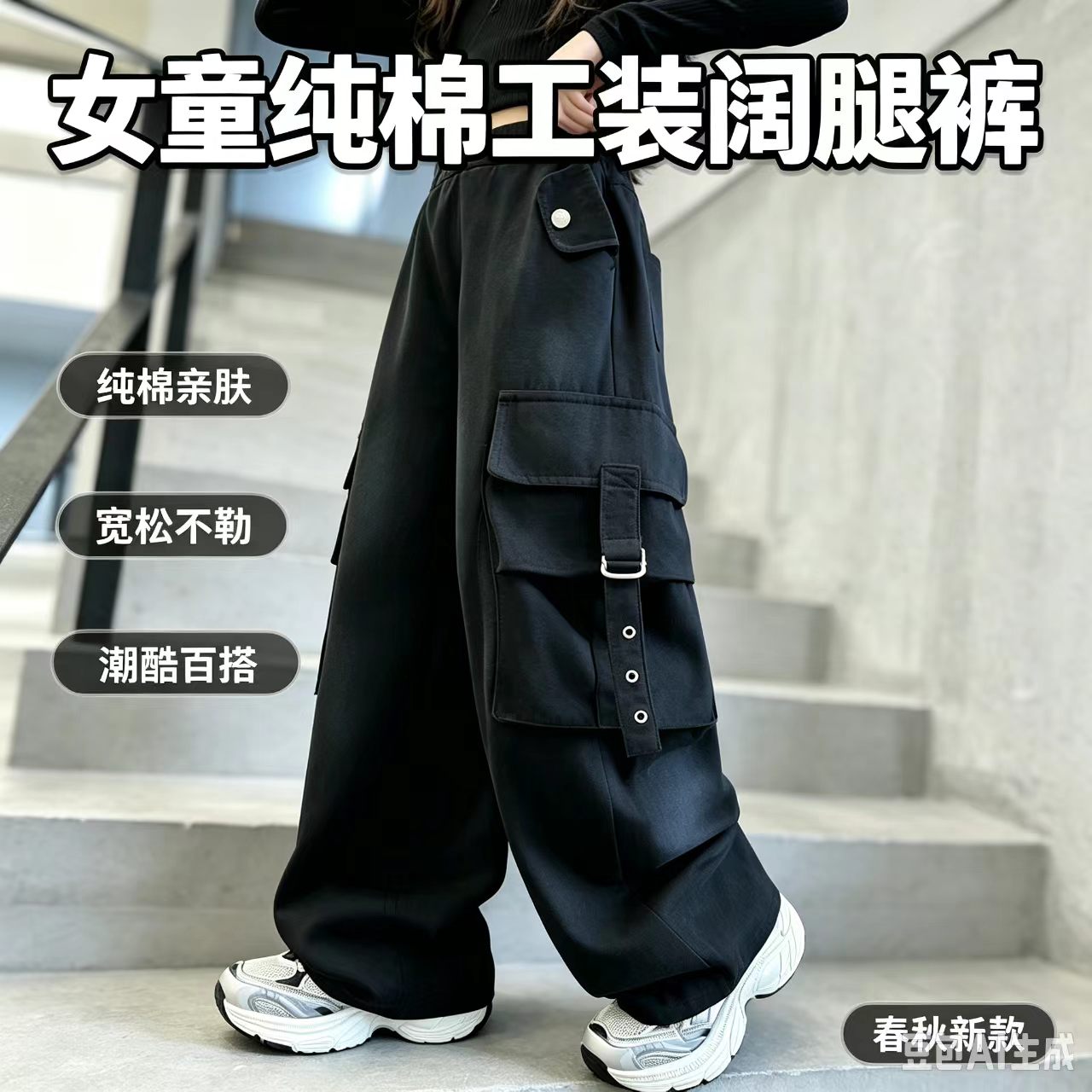 女童纯棉工装阔腿裤春秋中大童黑色多口袋长裤儿童潮酷直筒休闲裤
