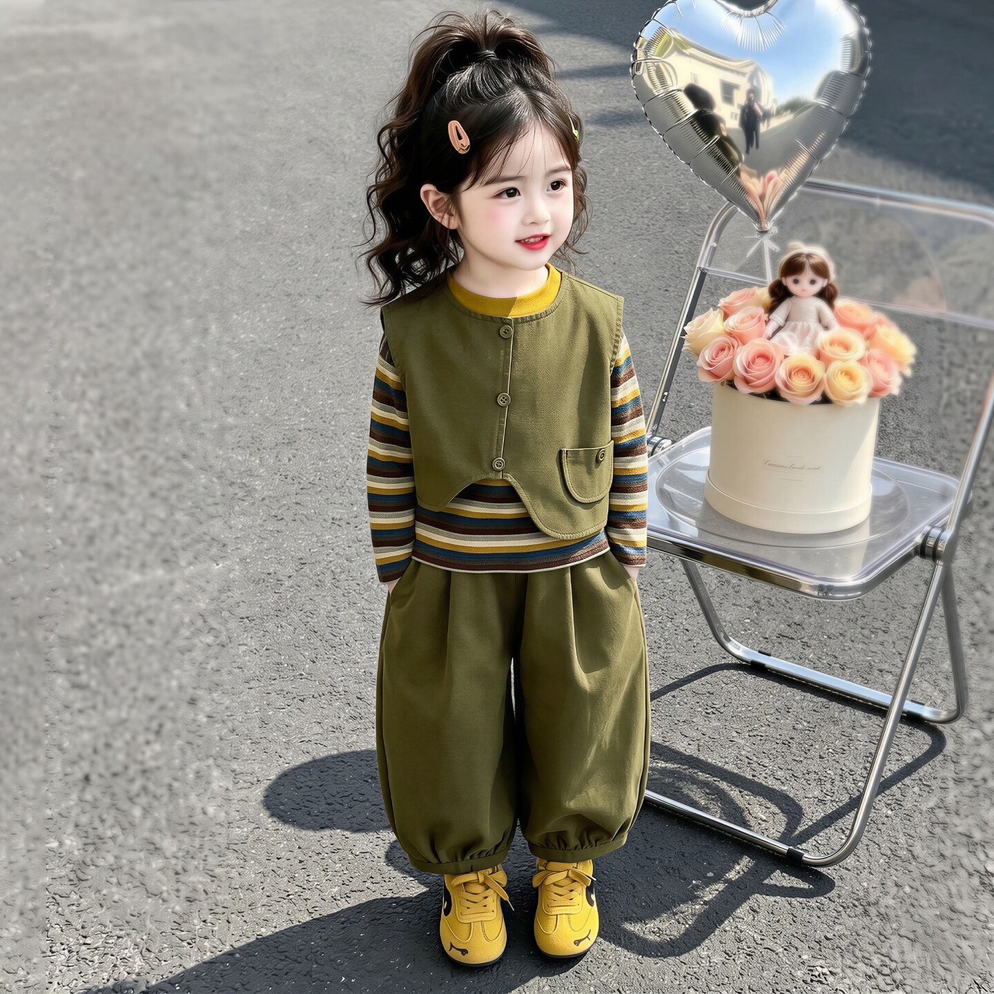 森系女童条纹t恤套装秋季2026新款洋气儿童女宝宝秋装马甲三件套