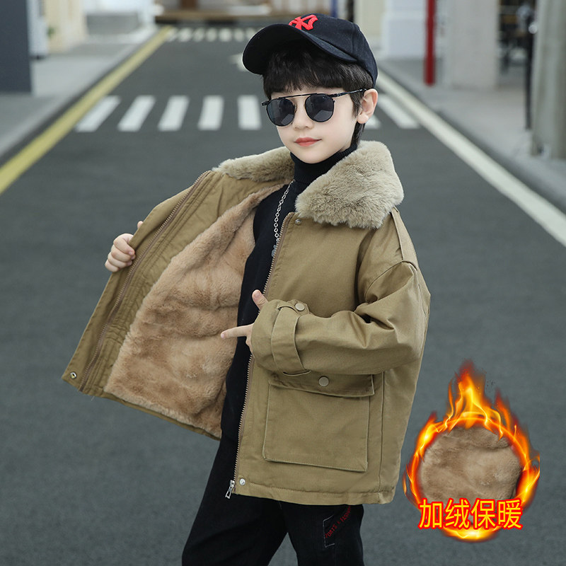 男童秋冬装加绒外套2025新款中大童冬季加厚毛领派克服儿童棉服潮