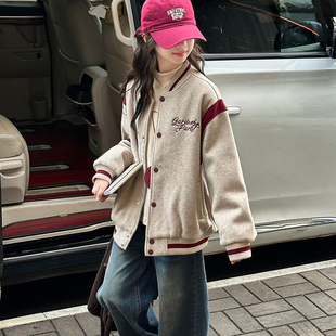 女童加厚棒球服秋冬季新款10岁11儿童夹棉呢子13学院风外套中大童