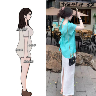 夏裝 女 胖mm露背上衣開叉半身裙子韓系獨特兩件套裝 搭配一整套大碼