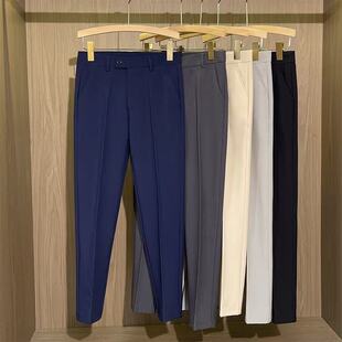 男士 小西裤 垂坠锥形弹力九分裤 修身 夏季 蓝色直筒商务休闲长裤 薄款