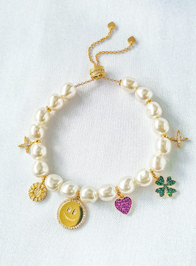 幸运符珍珠手链女四叶草爱心手镯微笑笑脸手环吊坠饰品潮