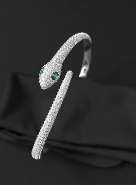 灵蛇手镯女绿眼蛇形开口镯银手环个性轻奢ins潮送女友气质