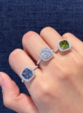 纯银S925方形密镶卡其色戒指女情侣个性礼物小众设计送女友礼物