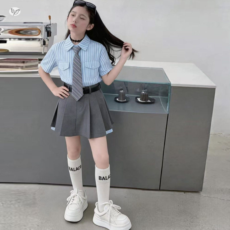 女童学院风夏装2026新款中大童polo领条纹短袖衬衫百褶裙短裙套装