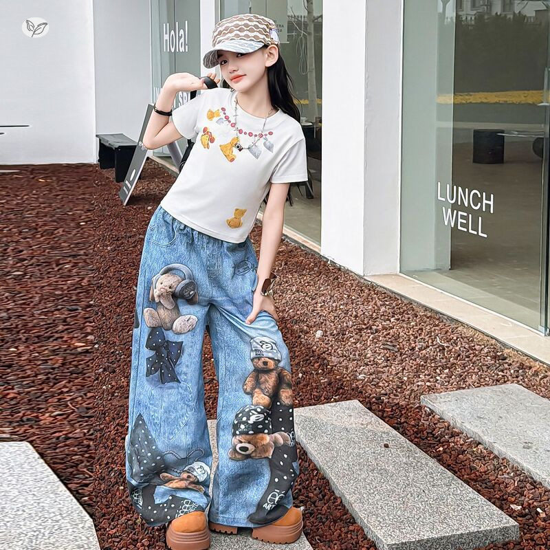 女童2026年夏季潮裤卡通印花T恤牛仔裤套装轻薄款阔腿裤灯笼裤潮