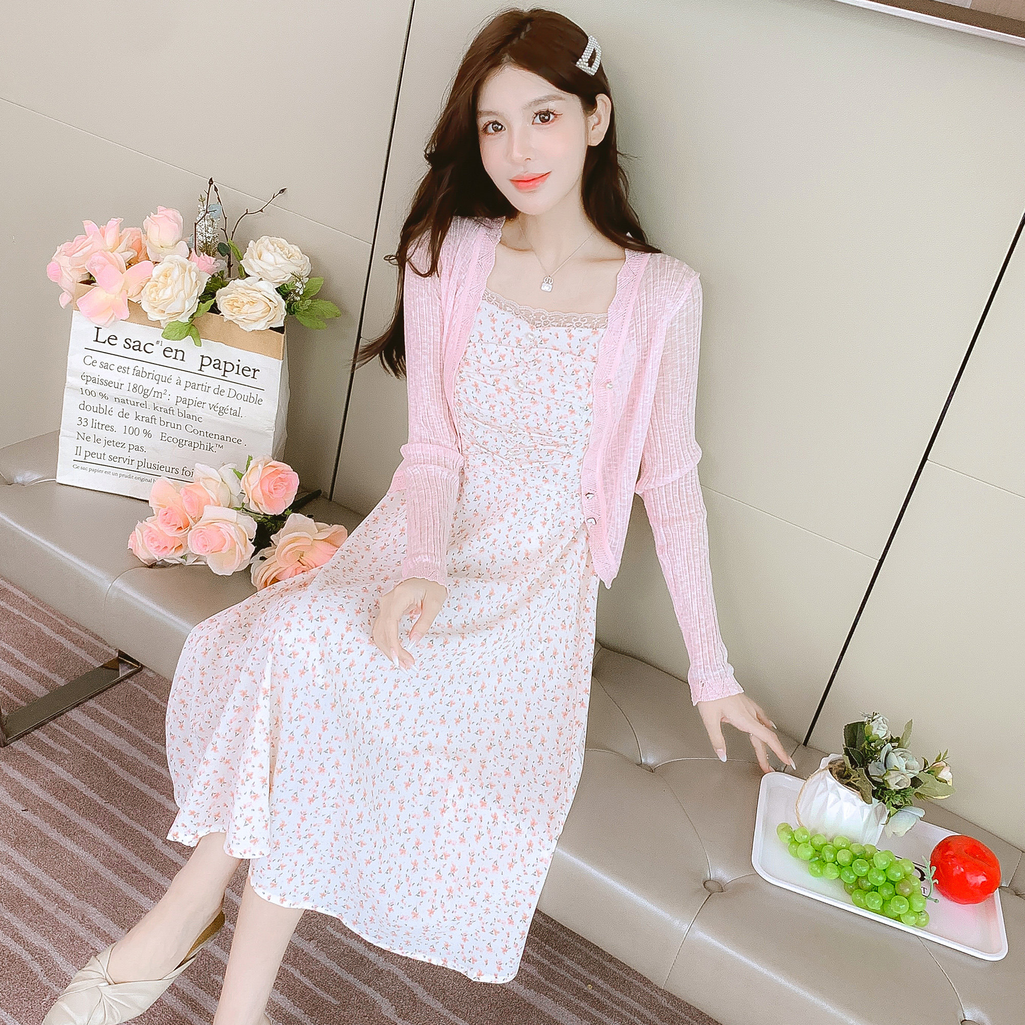 法式小清新碎花连衣裙女2025春季新款针织开衫吊带裙两件套装