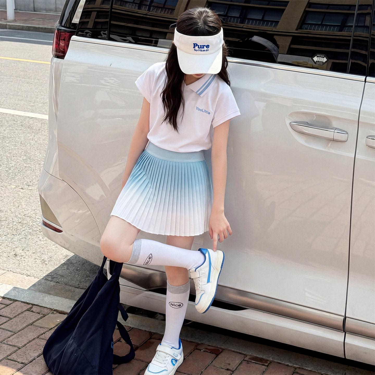 女童2026年夏季渐变网球少女裙套装速干运动POLO领短袖上衣百褶裙