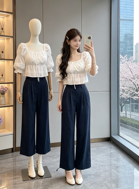 Wuuus恋夏白色/碎花 方领半袖小衫女夏荷叶边六分泡泡袖上衣