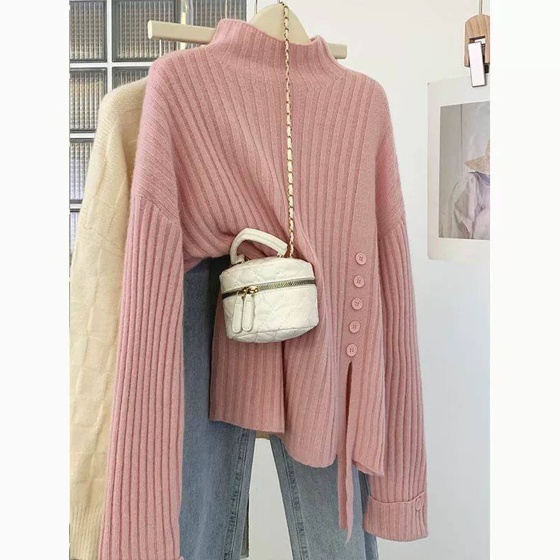 胖mm2-300斤大码粉色不规则半高领针织衫毛衣女秋冬内搭打底上衣,女装/女士精品,毛针织衫,淘宝优惠券,粉丝福利购,淘宝优惠卷