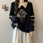 美式 300斤特大码 复古刺绣翻领卫衣女秋冬胖MM假两件设计感上衣