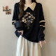 复古刺绣翻领卫衣女秋冬胖MM假两件设计感上衣 美式 300斤特大码