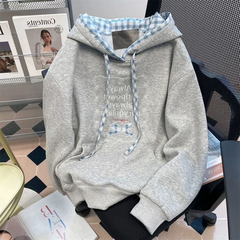 大码长袖拼接格子连帽卫衣女秋冬