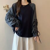 胖mm特大码 假两件格子撞色拼接卫衣女秋冬慵懒风宽松百搭减龄上衣