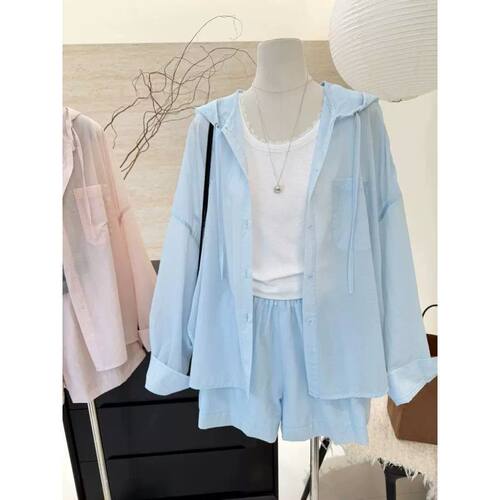 大码短裤连帽长袖防晒衬衫女夏薄