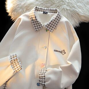 宽松休闲夹克上衣 高级感格子拼接翻领外套女春秋新款 300斤大码