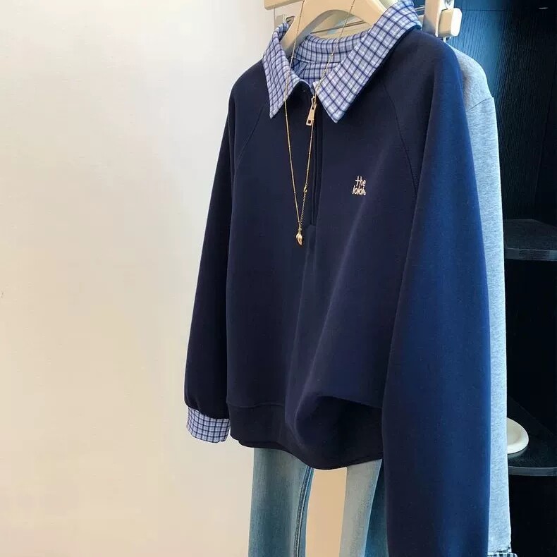 胖mm大码设计感半拉链格子polo领卫衣女秋冬季宽松拼接假两件上衣