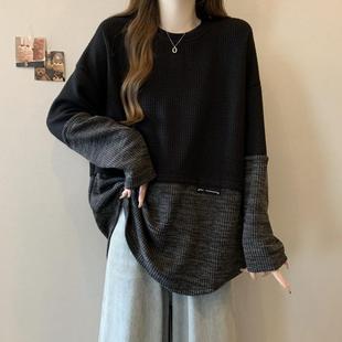 慵懒拼接撞色卫衣女秋冬胖mm宽松遮肚子显瘦打底上衣 300斤大码