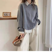 特大码 灰色复古假两件卫衣女秋冬加绒加厚胖mm宽松内搭polo领上衣