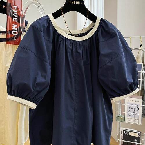 夏季设计感撞色泡泡袖短袖衬衫女