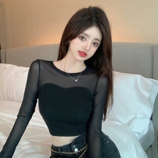 上衣女装 网纱拼接内搭长袖 打底衫 设计感小众短款 t恤2023秋季 新款