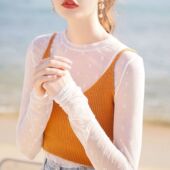 t恤上衣内搭花朵网纱打底罩衫 学生长袖 薄款 白色冰丝防晒衣女夏季