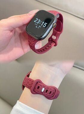 适用苹果applewatch S11细款豹纹蝴蝶扣硅胶手表带iwatch109876SE
