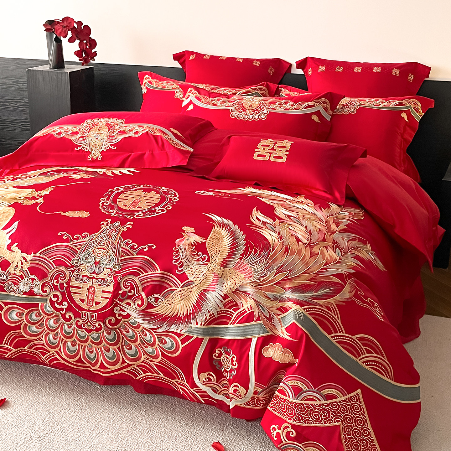 高档龙凤刺绣结婚四件套红色纯棉被套喜被陪嫁婚庆床品备婚新婚嫁