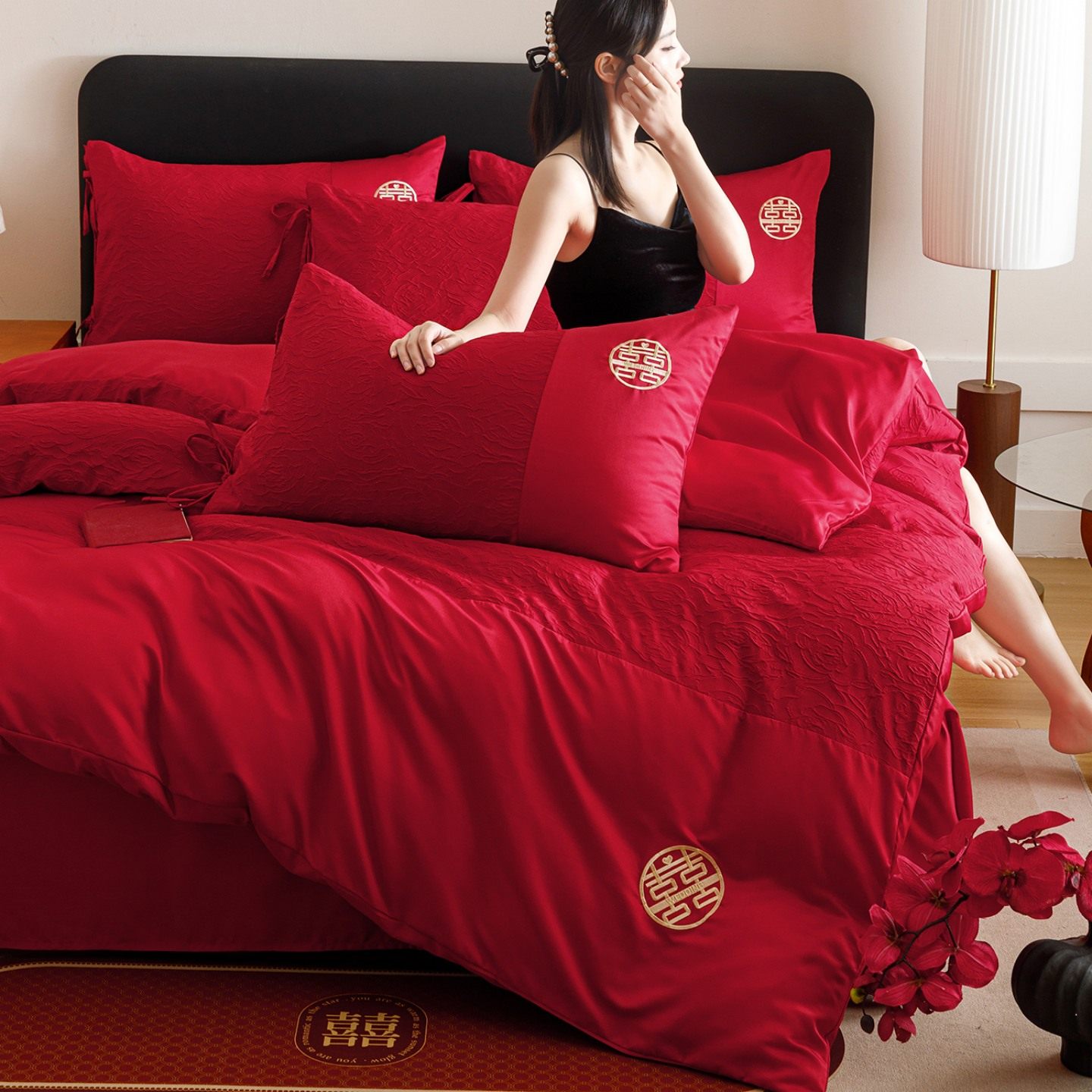 高档玫瑰提花结婚四件套大红色双喜被套婚庆喜被新婚陪嫁床上用品,床上用品,婚庆床品套件,淘宝优惠券,粉丝福利购,淘宝优惠卷