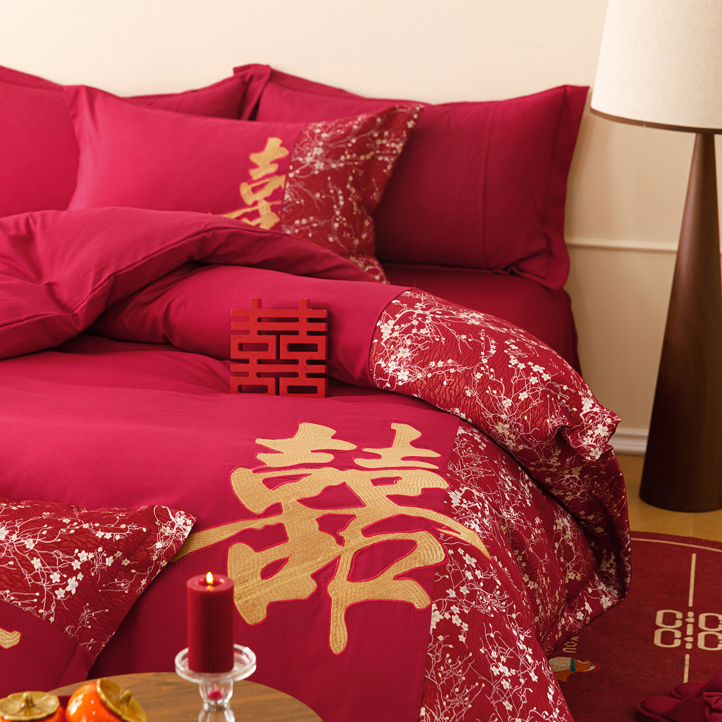 高档结婚四件套大红色婚庆双喜刺绣被套婚房喜被新婚陪嫁床上用品,床上用品,婚庆床品套件,淘宝优惠券,粉丝福利购,淘宝优惠卷